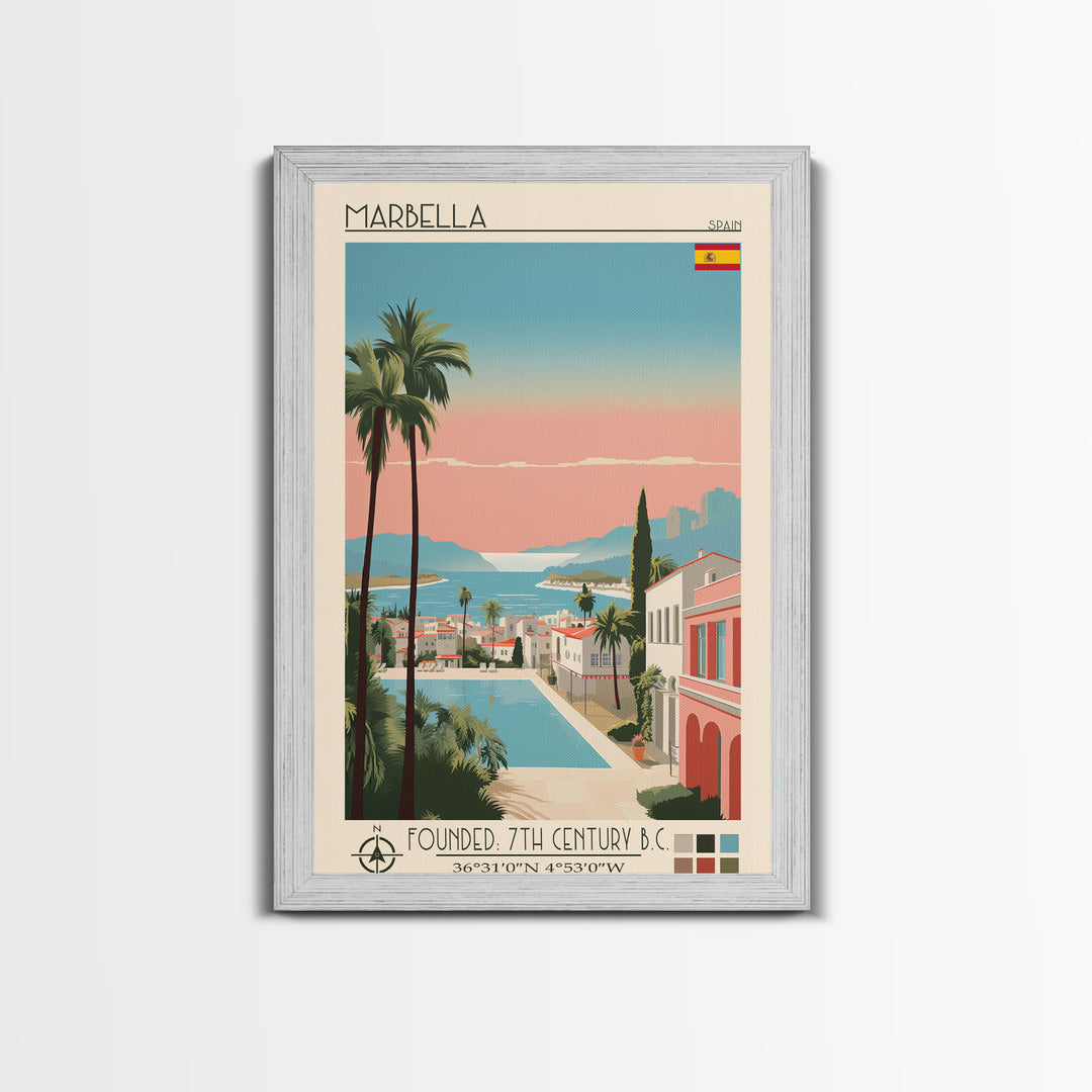 Marbella Spain Travel Poster Framed Canvas Print, Midcentury Modern Art, Pop Art Wall Decor, Scenic Living Room Art, Bedroom Decor