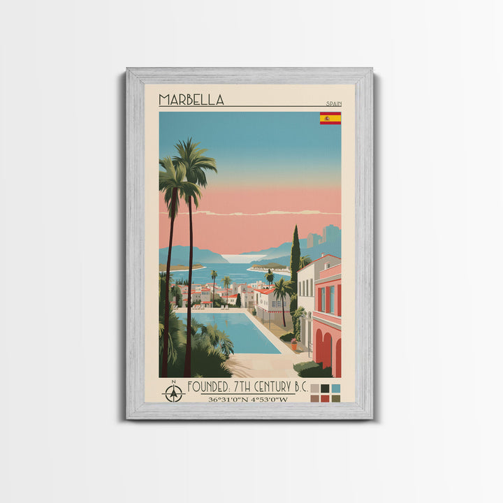 Marbella Spain Travel Poster Framed Canvas Print, Midcentury Modern Art, Pop Art Wall Decor, Scenic Living Room Art, Bedroom Decor