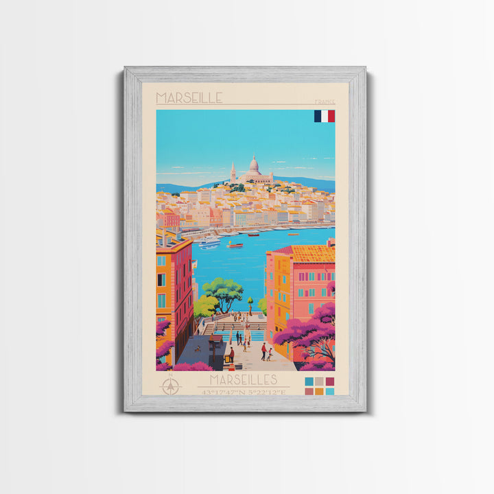 Marseille France Travel Poster Framed Canvas Print, Midcentury Modern Art, Pop Art Wall Decor, Scenic Living Room Art, Bedroom Gift