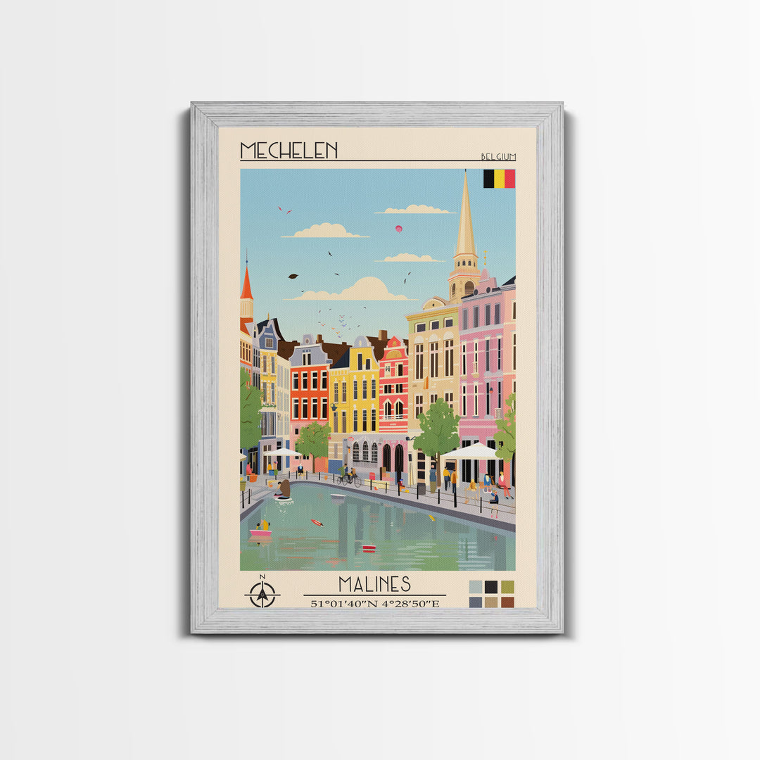 Mechelen Belgium Travel Poster Framed Canvas Print, Midcentury Modern Art, Pop Art Wall Decor, Home Decor, Vacation Gift, Bedroom Art