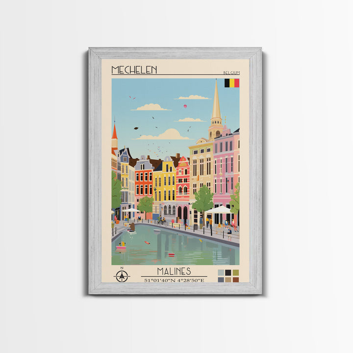 Mechelen Belgium Travel Poster Framed Canvas Print, Midcentury Modern Art, Pop Art Wall Decor, Home Decor, Vacation Gift, Bedroom Art