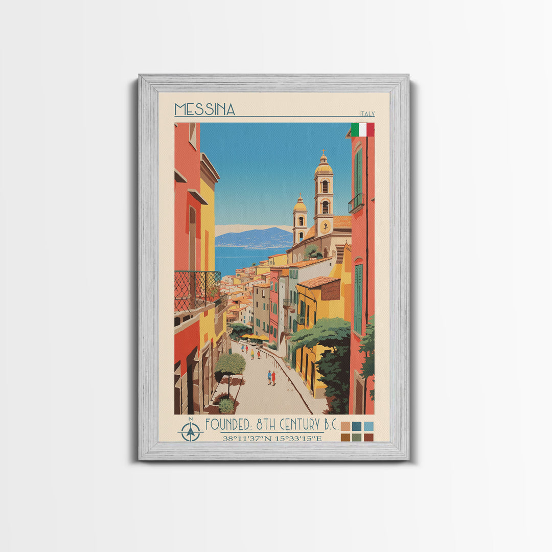 Messina Italy Travel Poster Framed Canvas Print, Midcentury Modern Art, Pop Art Wall Decor, Scenic Wall Art, Bedroom Decoration