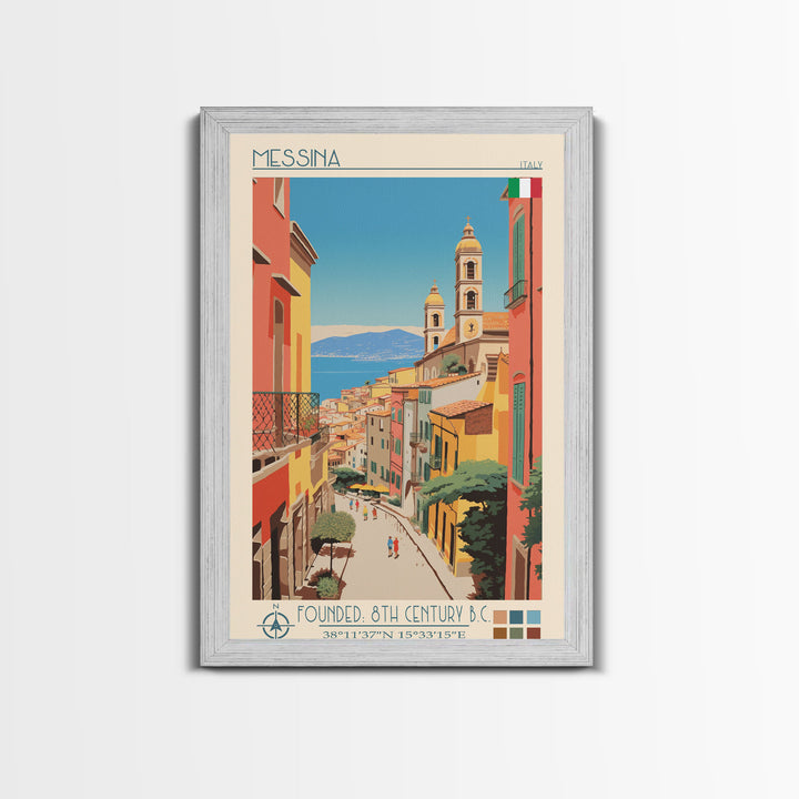 Messina Italy Travel Poster Framed Canvas Print, Midcentury Modern Art, Pop Art Wall Decor, Scenic Wall Art, Bedroom Decoration