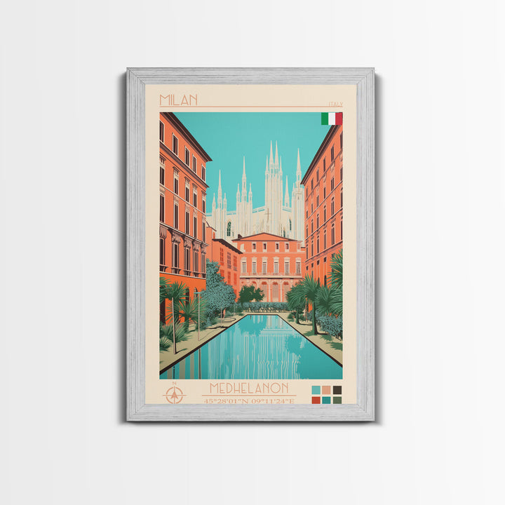 Milan Italy Travel Poster Framed Canvas Print, Midcentury Modern Art, Pop Art Wall Decor, Scenic Bedroom Art, Office Decoration