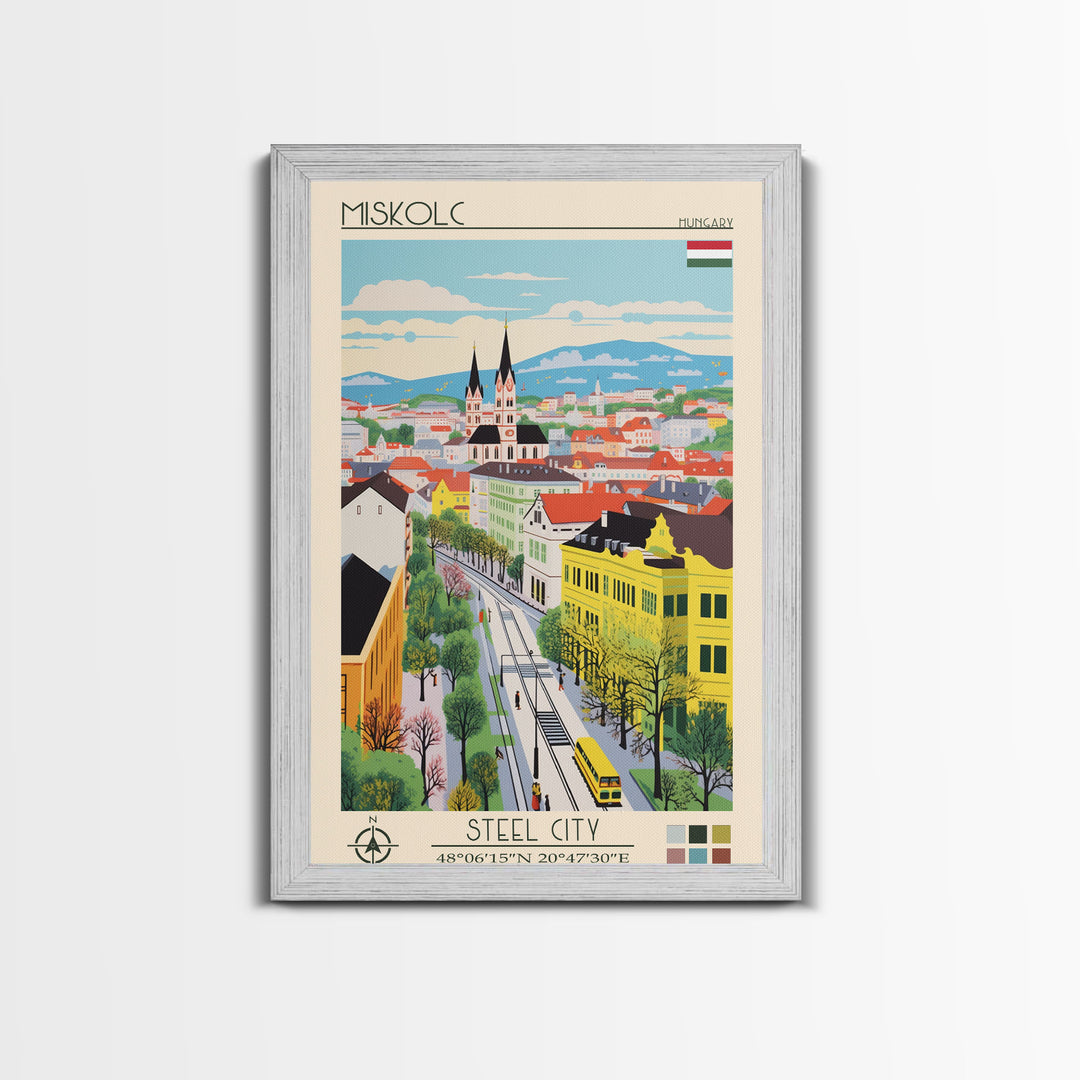 Miskolc Hungary Travel Poster Framed Canvas Print, Midcentury Modern Art, Pop Art Wall Decor, Scenic Living Room Art, Bedroom Decor