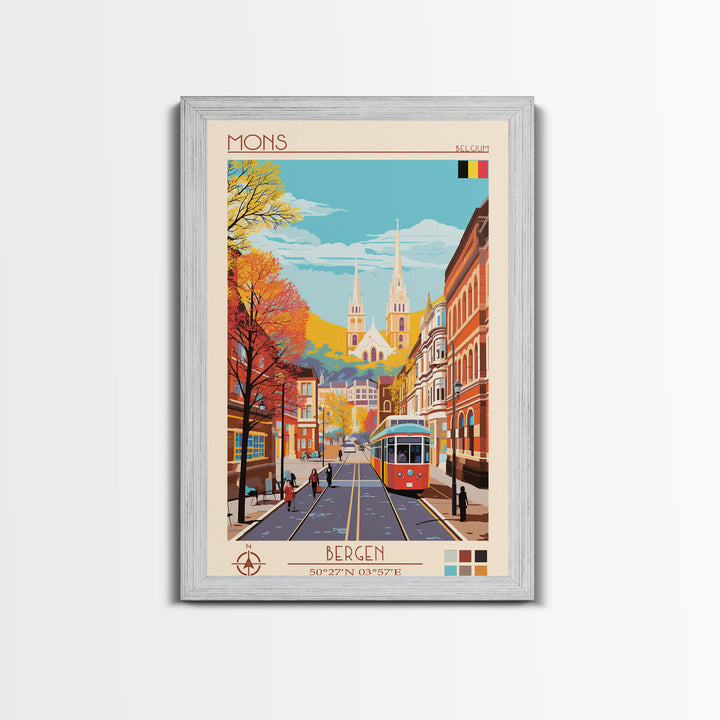 Mons Belgium Travel Poster Framed Canvas Print, Midcentury Modern Art, Pop Art Wall Decor, Home Decor, Vacation Gift, Office Art