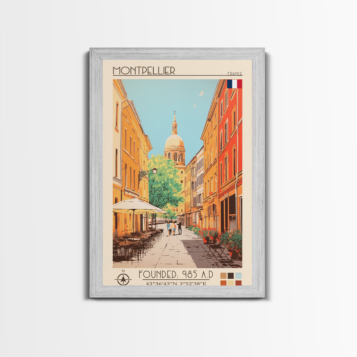 Montpellier France Travel Poster Framed Canvas Print, Midcentury Modern Art, Pop Art Wall Decor, Scenic Living Room Art, Bedroom Gift