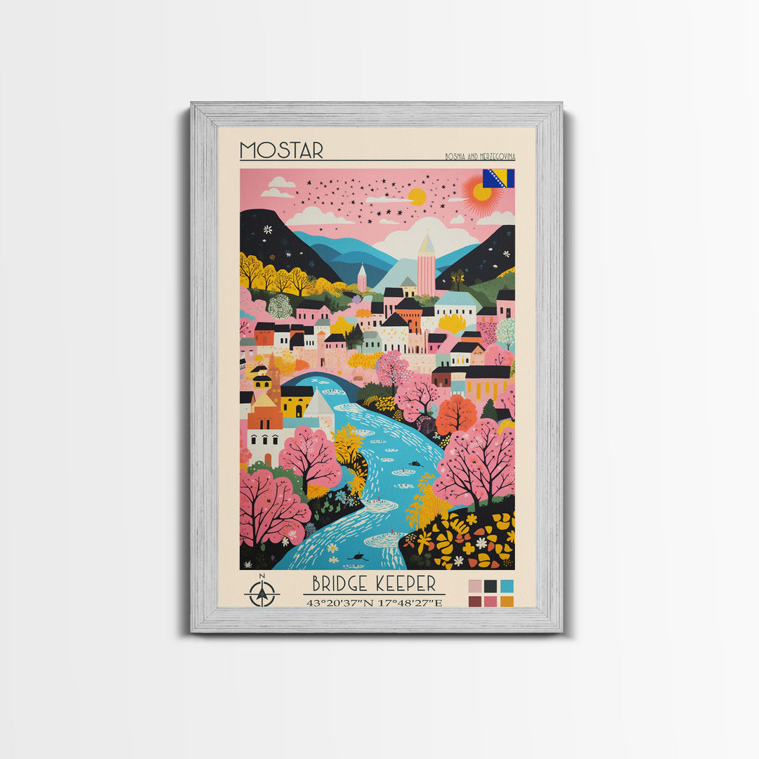 Mostar Bosnia and Herzegovina Travel Poster Framed Canvas Print, Midcentury Modern Art, Pop Art Wall Decor, Home Decor, Vacation Gift, Bedroom Art