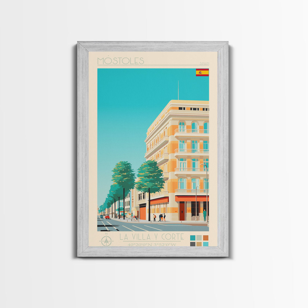 Mostoles Spain Travel Poster Framed Canvas Print, Midcentury Modern Art, Pop Art Wall Decor, Home Decor, Vacation Gift, Office Art
