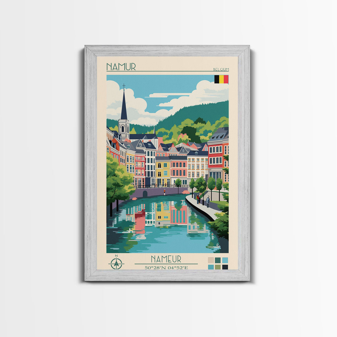 Namur Belgium Travel Poster Framed Canvas Print, Midcentury Modern Art, Pop Art Wall Decor, Scenic Wall Art, Living Room Decoration, Office Gift