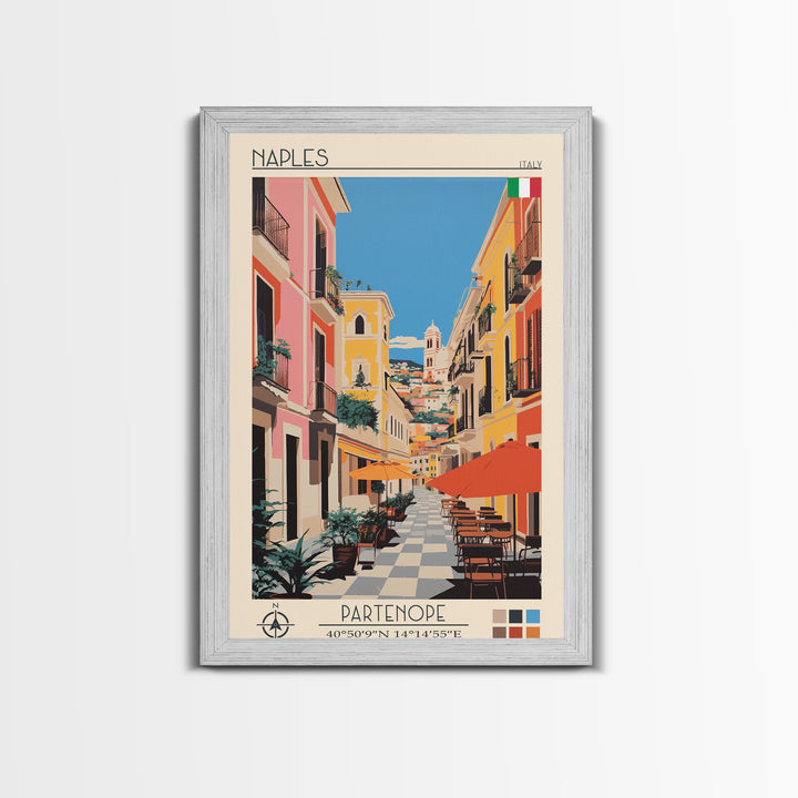 Naples Italy Travel Poster Framed Canvas Print, Midcentury Modern Art, Pop Art Wall Decor, Scenic Wall Art, Living Room Decoration, Office Art