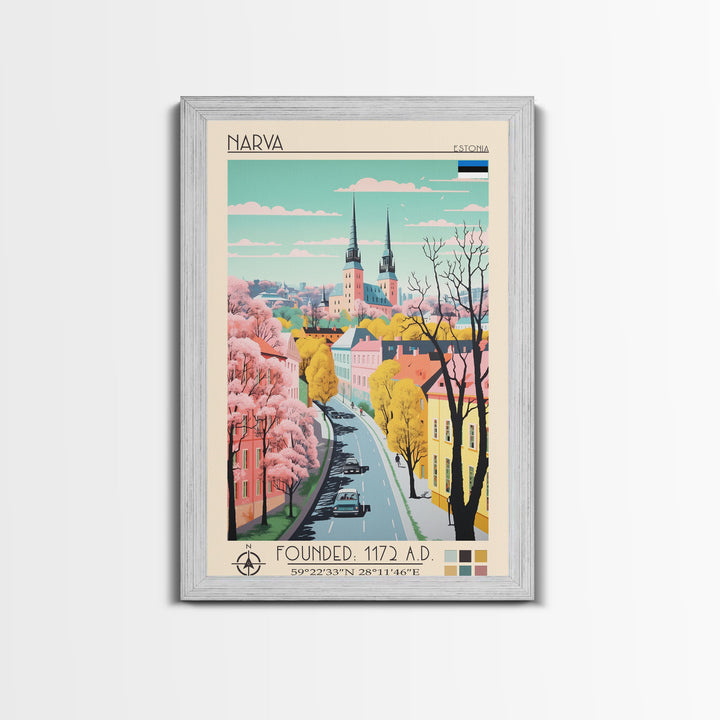 Narva Estonia Travel Poster Framed Canvas Print, Midcentury Modern Art, Pop Art Wall Decor, Scenic Bedroom Art, Office Decoration