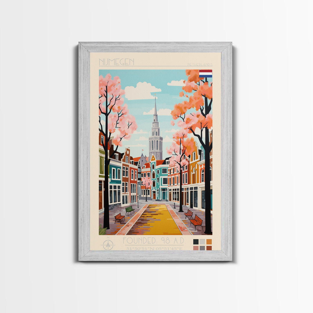 Nijmegen Netherlands Travel Poster Framed Canvas Print, Midcentury Modern Art, Pop Art Wall Decor, Scenic Living Room Art, Bedroom Gift