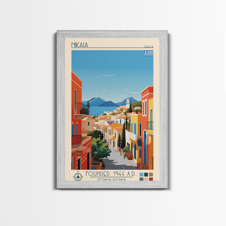 Nikaia Greece Travel Poster Framed Canvas Print, Midcentury Modern Art, Pop Art Wall Decor, Scenic Wall Art, Living Room Decoration, Office Art