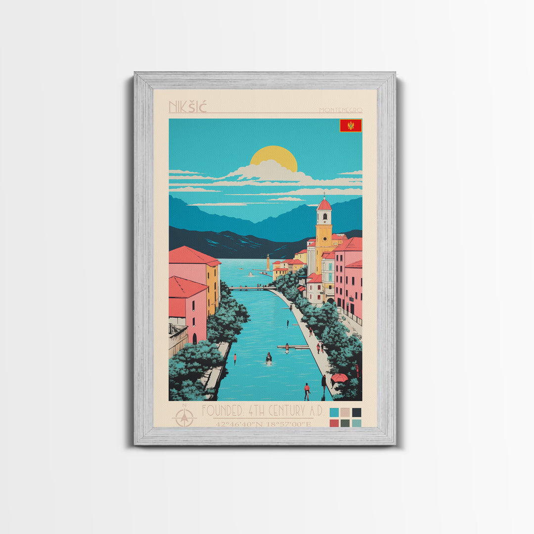 Nikšić Montenegro Travel Poster Framed Canvas Print, Midcentury Modern Art, Pop Art Wall Decor, Home Decor, Vacation Gift, Bedroom Art