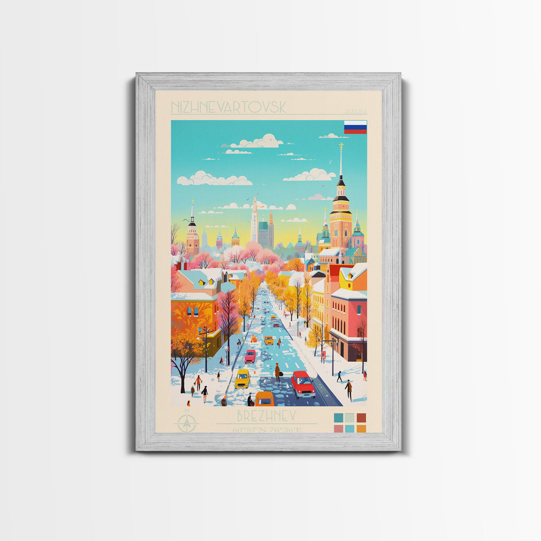 Nizhnevartovsk Russia Travel Poster Framed Canvas Print, Midcentury Modern Art, Pop Art Wall Decor, Scenic Wall Art, Living Room Decoration, Office Art