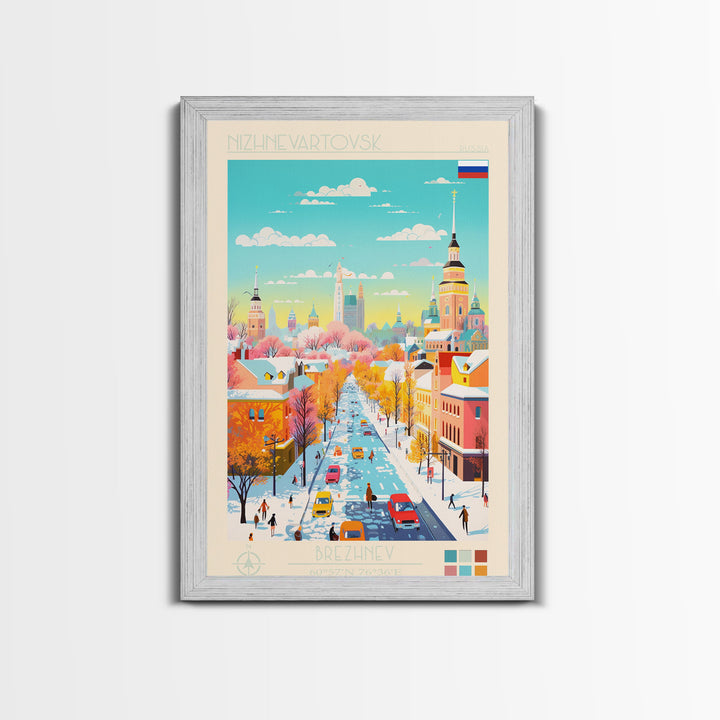 Nizhnevartovsk Russia Travel Poster Framed Canvas Print, Midcentury Modern Art, Pop Art Wall Decor, Scenic Wall Art, Living Room Decoration, Office Art
