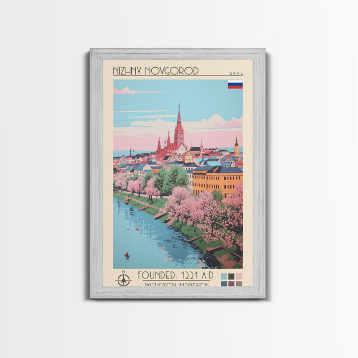 Nizhny Novgorod Russia Travel Poster Framed Canvas Print, Midcentury Modern Art, Pop Art Wall Decor, Scenic Bedroom Art, Office Decoration