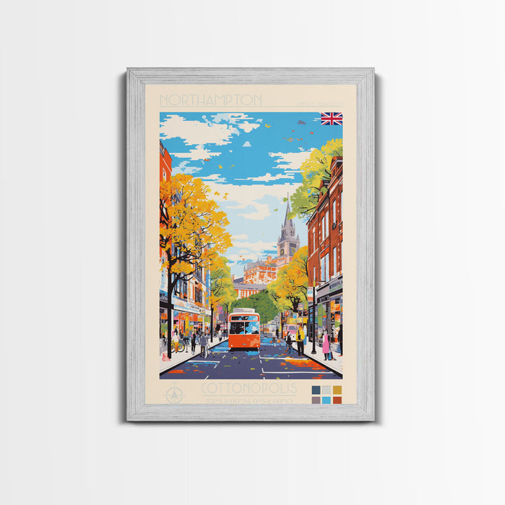 Northampton United Kingdom Travel Poster Framed Canvas Print, Midcentury Modern Art, Pop Art Wall Decor, Scenic Living Room Art, Bedroom Gift