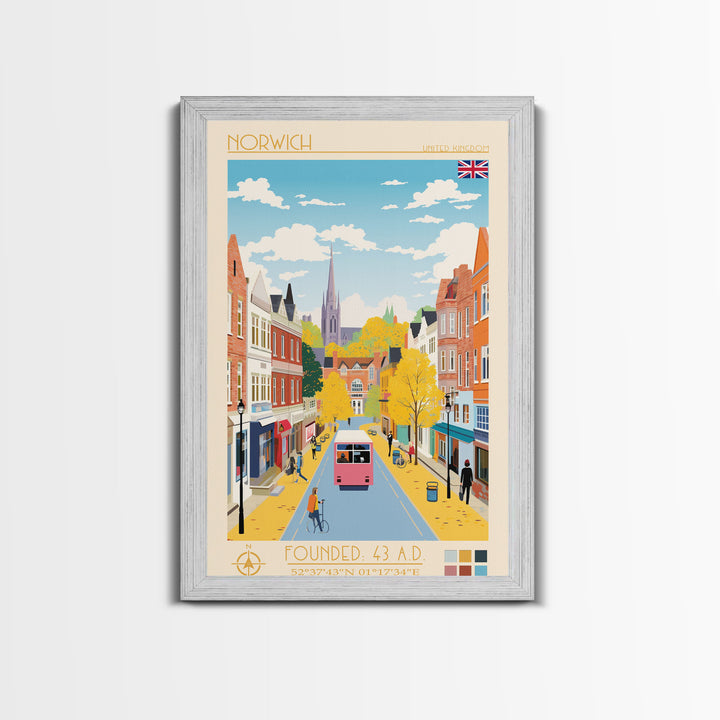 Norwich United Kingdom Travel Poster Framed Canvas Print, Midcentury Modern Art, Pop Art Wall Decor, Scenic Wall Art, Living Room Decoration, Office Art