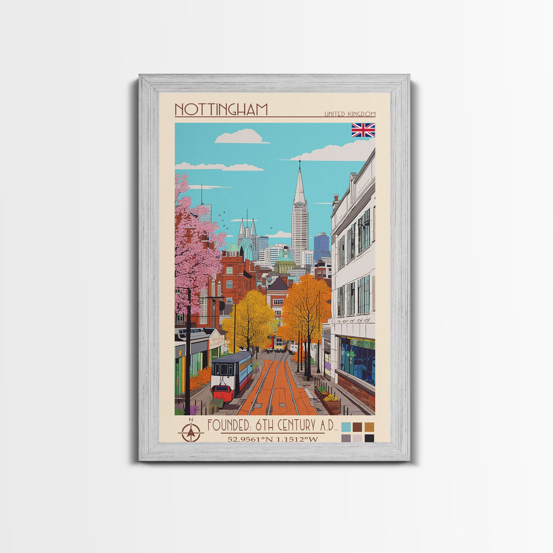 Nottingham United Kingdom Travel Poster Framed Canvas Print, Midcentury Modern Art, Pop Art Wall Decor, Home Decor, Vacation Gift, Bedroom Art