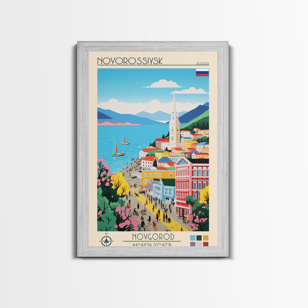 Novorossiysk Russia Travel Poster Framed Canvas Print, Midcentury Modern Art, Pop Art Wall Decor, Scenic Bedroom Art, Office Decoration