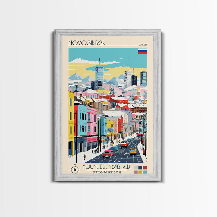 Novosibirsk Russia Travel Poster Framed Canvas Print, Midcentury Modern Art, Pop Art Wall Decor, Scenic Living Room Art, Bedroom Decor