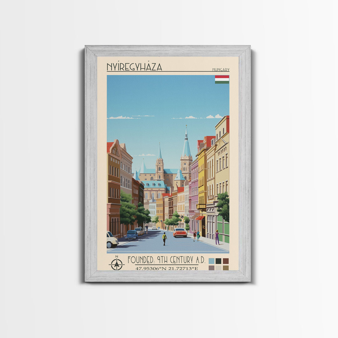Nyíregyháza Hungary Travel Poster Framed Canvas Print, Midcentury Modern Art, Pop Art Wall Decor, Home Decor, Vacation Gift, Office Art