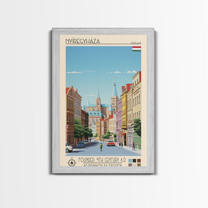 Nyíregyháza Hungary Travel Poster Framed Canvas Print, Midcentury Modern Art, Pop Art Wall Decor, Home Decor, Vacation Gift, Office Art