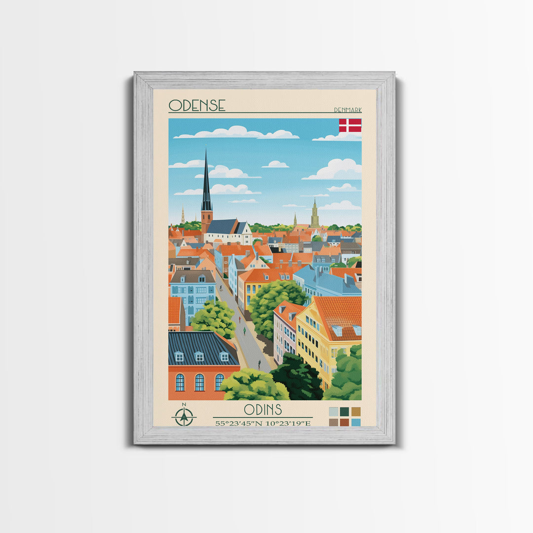Odense Denmark Travel Poster Framed Canvas Print, Midcentury Modern Art, Pop Art Wall Decor, Scenic Wall Art, Living Room Decoration, Office Art