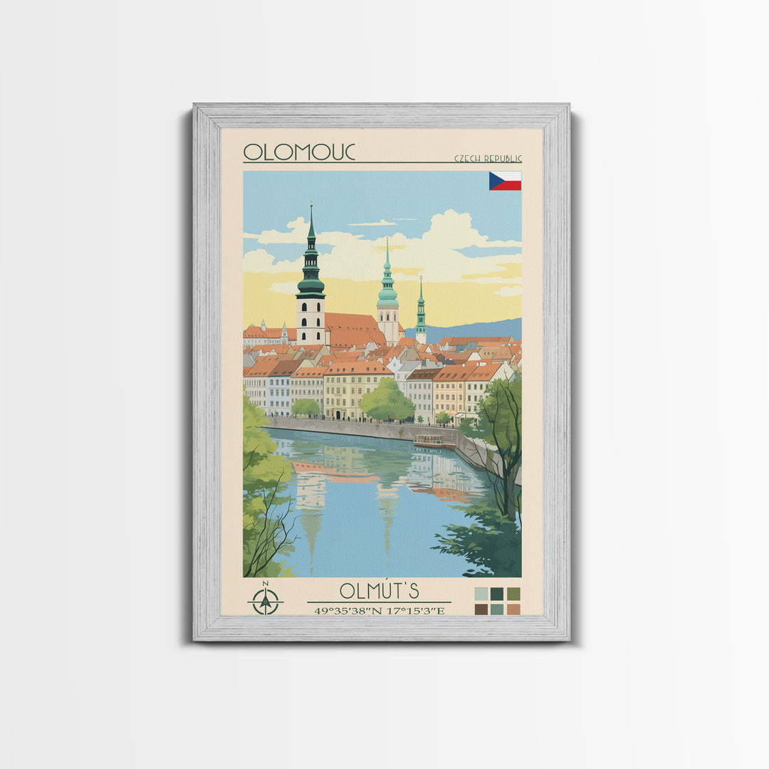 Olomouc Czech Republic Travel Poster Framed Canvas Print, Midcentury Modern Art, Pop Art Wall Decor, Scenic Wall Art, Living Room Decoration, Office Gift