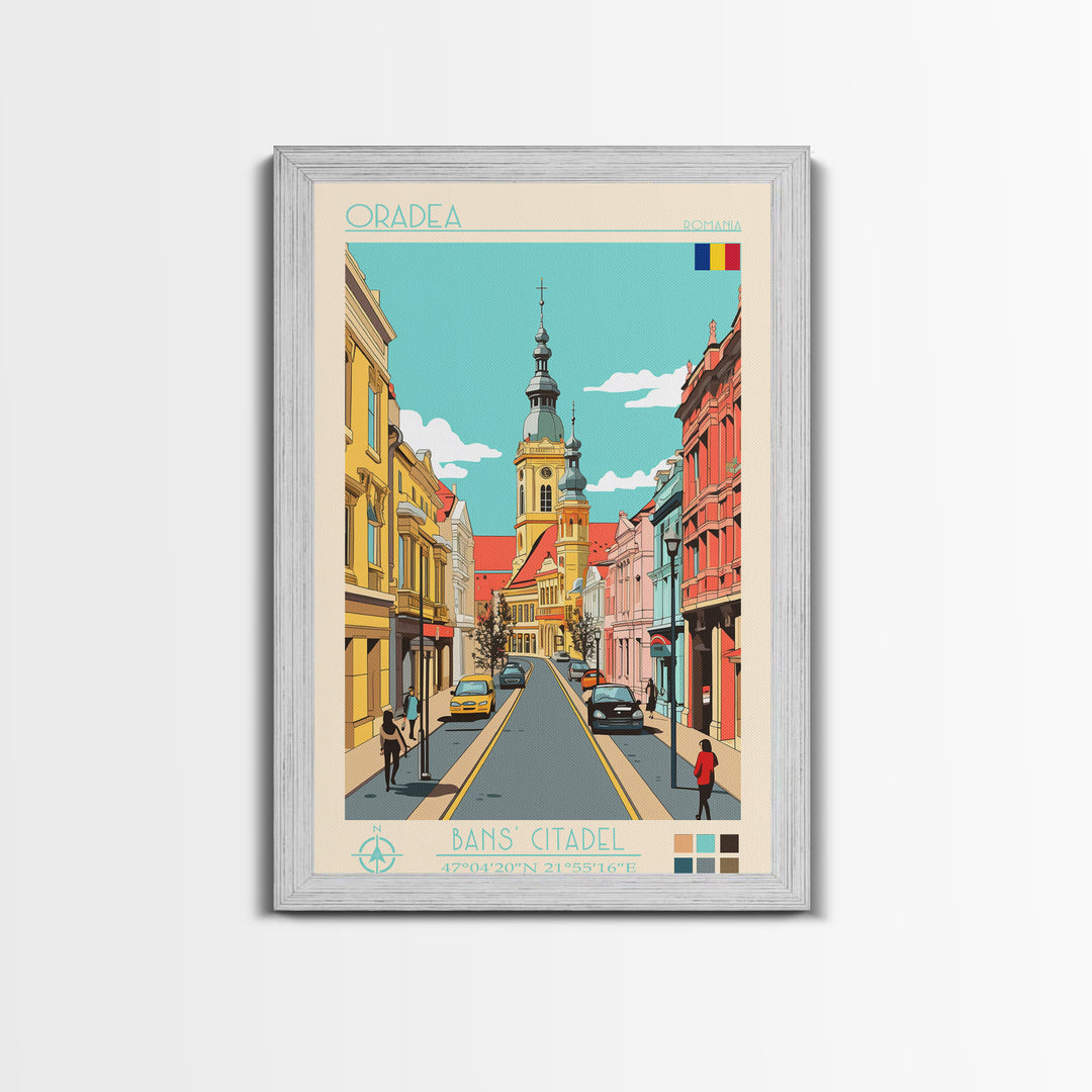 Oradea Romania Travel Poster Framed Canvas Print, Midcentury Modern Art, Pop Art Wall Decor, Scenic Bedroom Art, Office Decoration