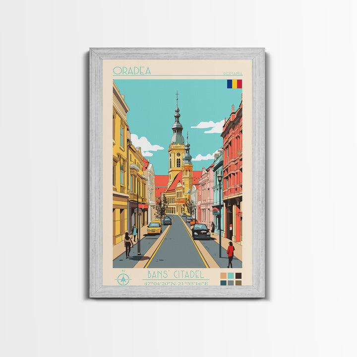 Oradea Romania Travel Poster Framed Canvas Print, Midcentury Modern Art, Pop Art Wall Decor, Scenic Bedroom Art, Office Decoration