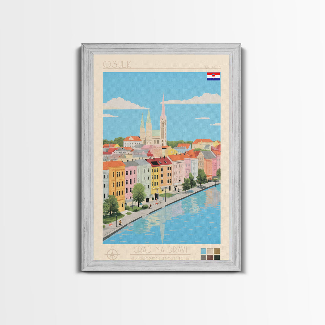 Osijek Croatia Travel Poster Framed Canvas Print, Midcentury Modern Art, Pop Art Wall Decor, Home Decor, Vacation Gift, Office Art
