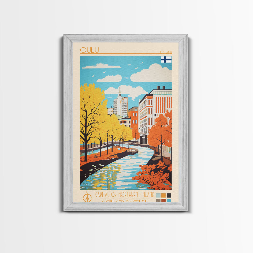 Oulu Finland Travel Poster Framed Canvas Print, Midcentury Modern Art, Pop Art Wall Decor, Scenic Wall Art, Living Room Decoration, Office Gift