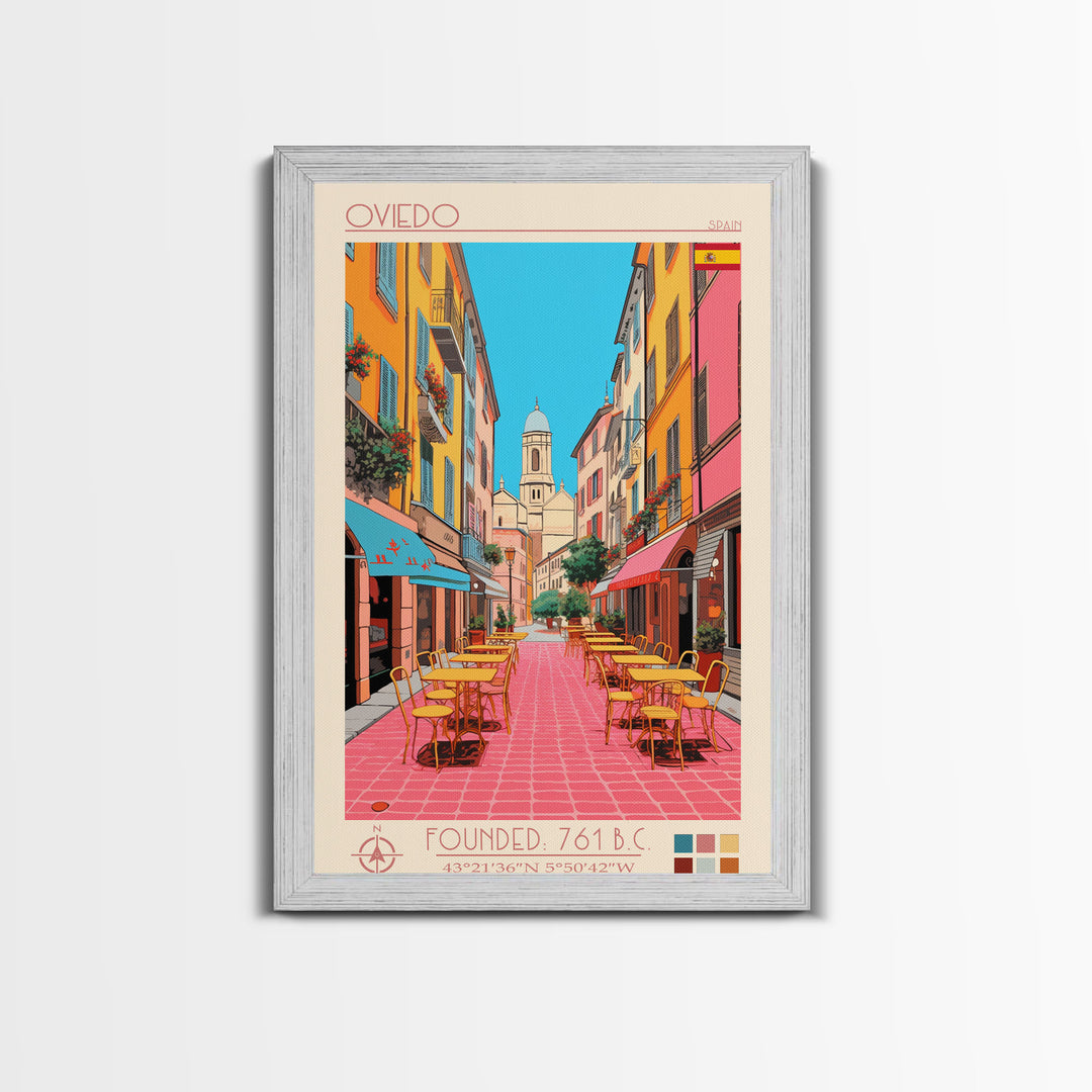 Oviedo Spain Travel Poster Framed Canvas Print, Midcentury Modern Art, Pop Art Wall Decor, Scenic Wall Art, Bedroom Decoration