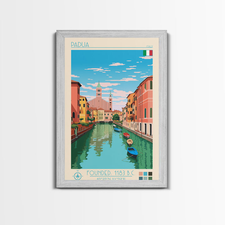 Padua Italy Travel Poster Framed Canvas Print, Midcentury Modern Art, Pop Art Wall Decor, Scenic Bedroom Art, Office Decoration