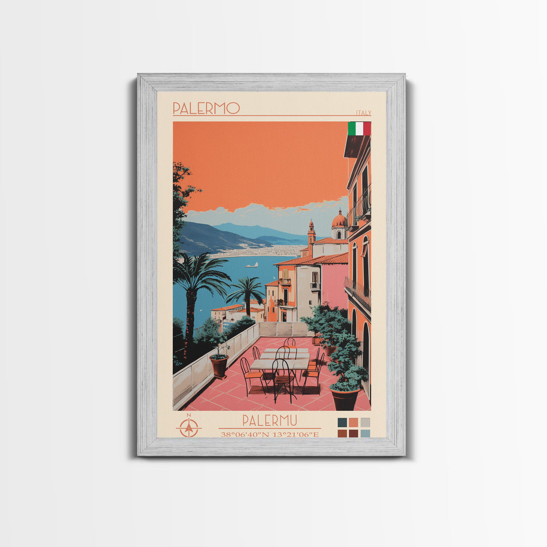 Palermo Italy Travel Poster Framed Canvas Print, Midcentury Modern Art, Pop Art Wall Decor, Scenic Living Room Art, Bedroom Decor