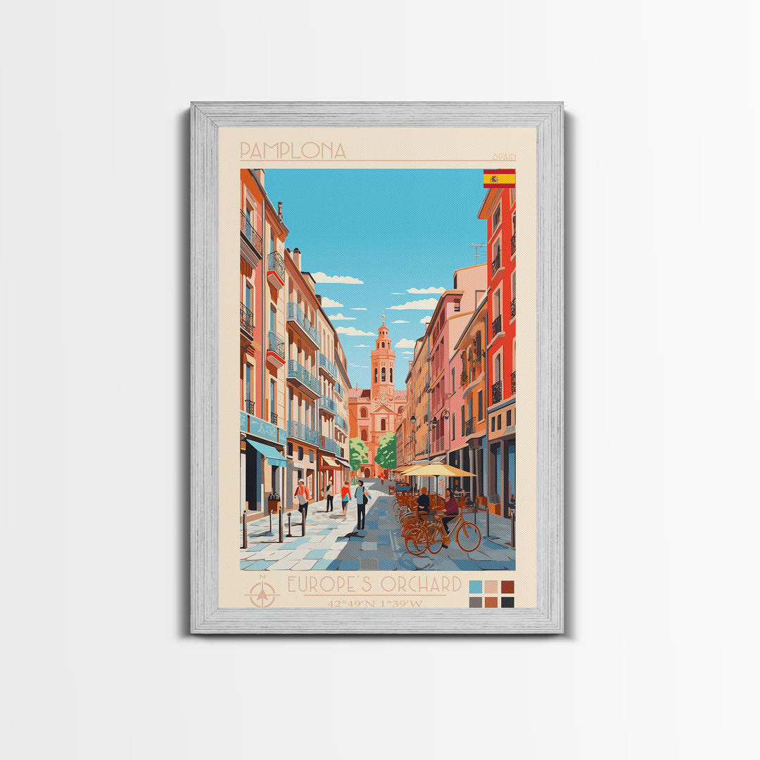 Pamplona Spain Travel Poster Framed Canvas Print, Midcentury Modern Art, Pop Art Wall Decor, Home Decor, Vacation Gift, Office Art