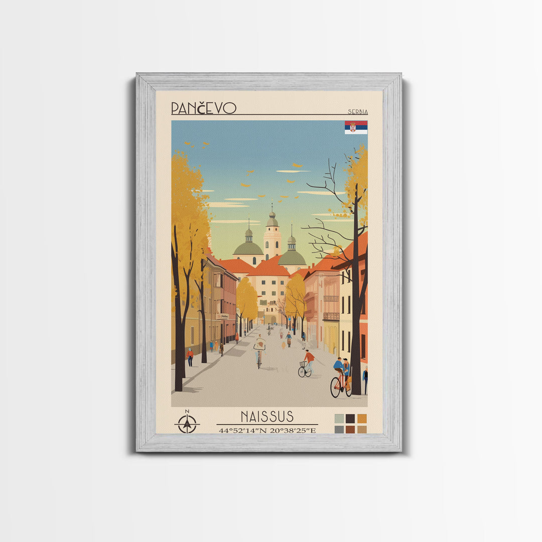 Pančevo Serbia Travel Poster Framed Canvas Print, Midcentury Modern Art, Pop Art Wall Decor, Scenic Wall Art, Living Room Decoration, Office Art