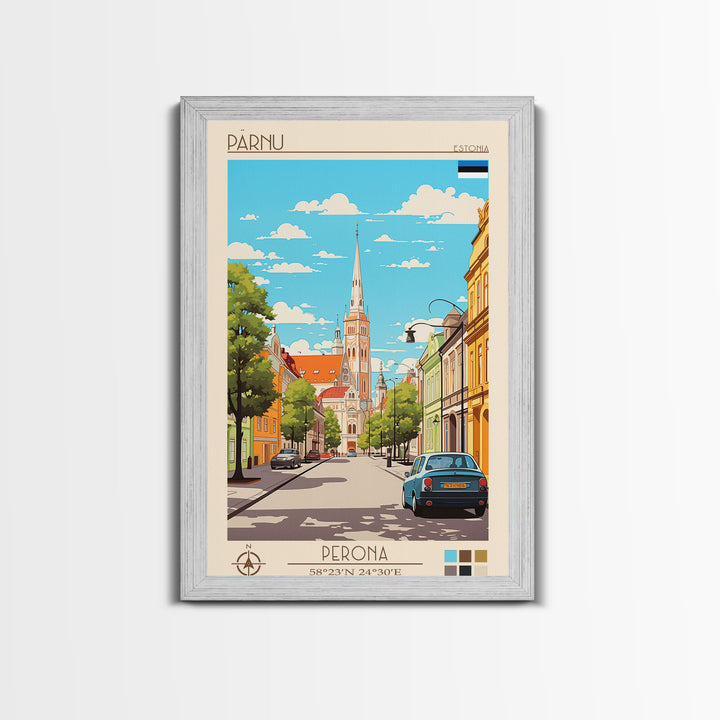 Pärnu Estonia Travel Poster Framed Canvas Print, Midcentury Modern Art, Pop Art Wall Decor, Scenic Wall Art, Bedroom Decoration