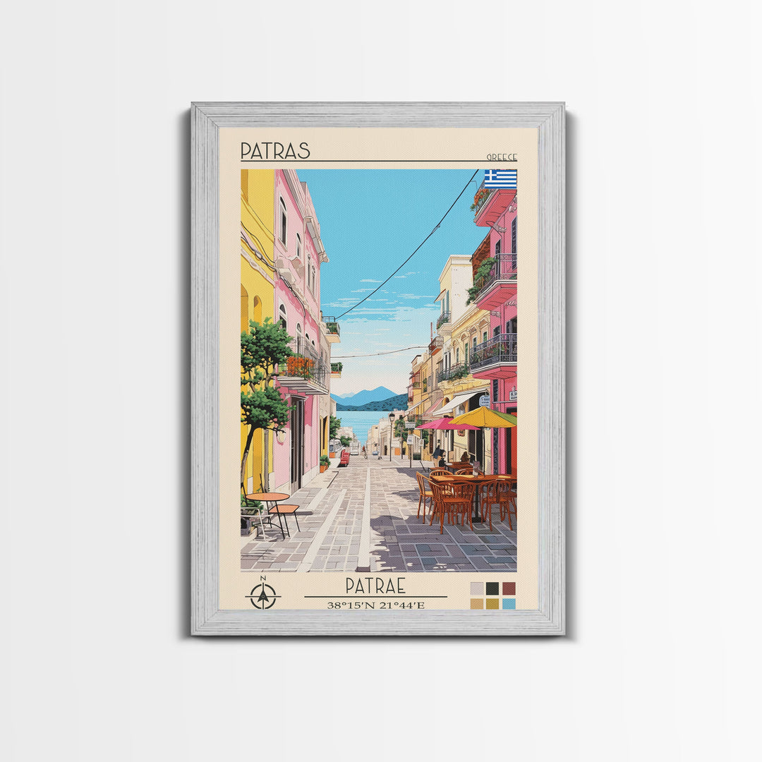 Patras Greece Travel Poster Framed Canvas Print, Midcentury Modern Art, Pop Art Wall Decor, Scenic Wall Art, Living Room Decoration, Office Art