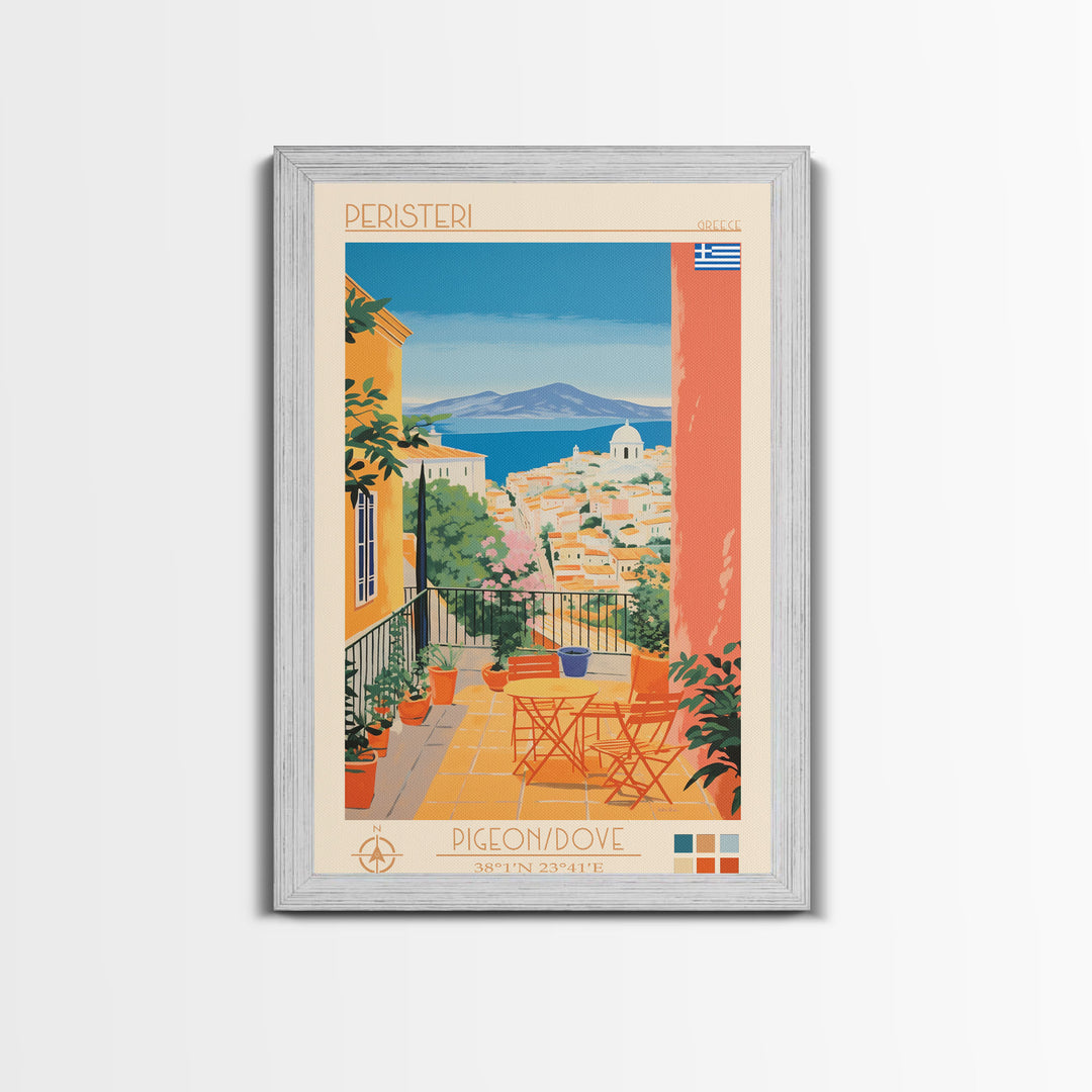 Peristeri Greece Travel Poster Framed Canvas Print, Midcentury Modern Art, Pop Art Wall Decor, Scenic Bedroom Art, Office Decoration