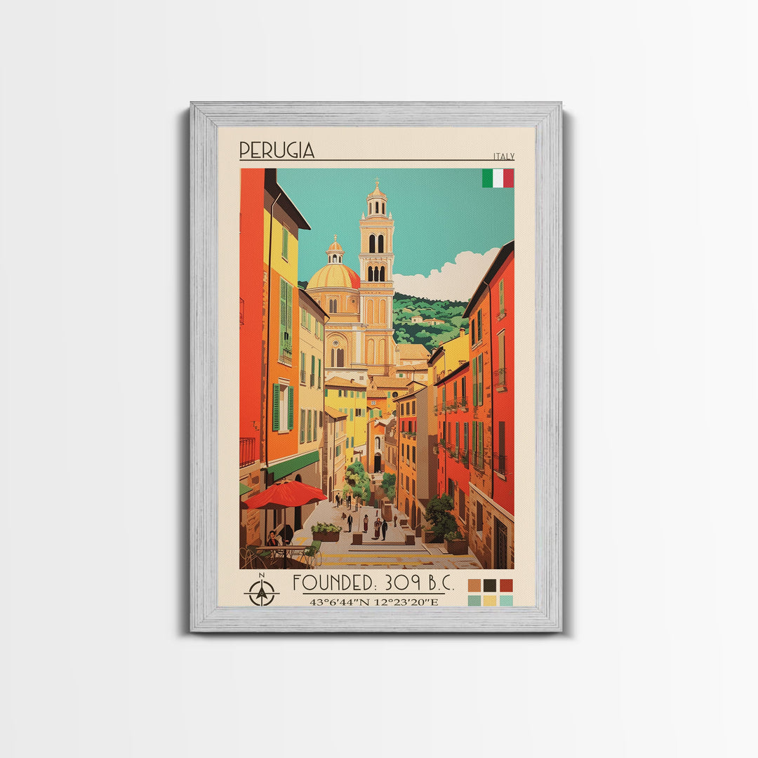 Perugia Italy Travel Poster Framed Canvas Print, Vintage Style, Pop Art Home Decor, Scenic Wall Art, Bedroom Decoration, Office Gift