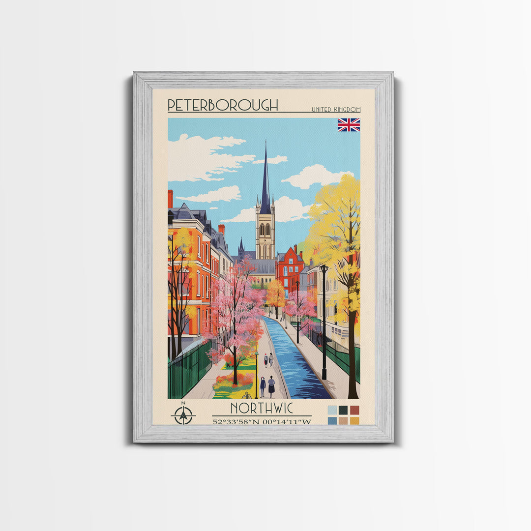 Peterborough United Kingdom Travel Poster Framed Canvas Print, Midcentury Modern Art, Pop Art Wall Decor, Home Decor, Vacation Gift, Office Art