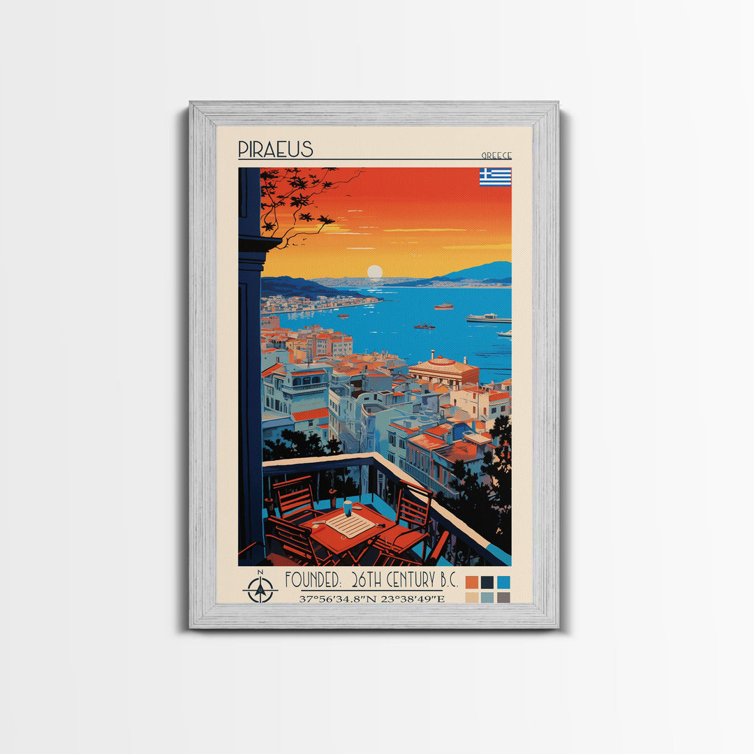 Piraeus Greece Travel Poster Framed Canvas Print, Midcentury Modern Art, Pop Art Wall Decor, Scenic Wall Art, Living Room Decoration, Office Art