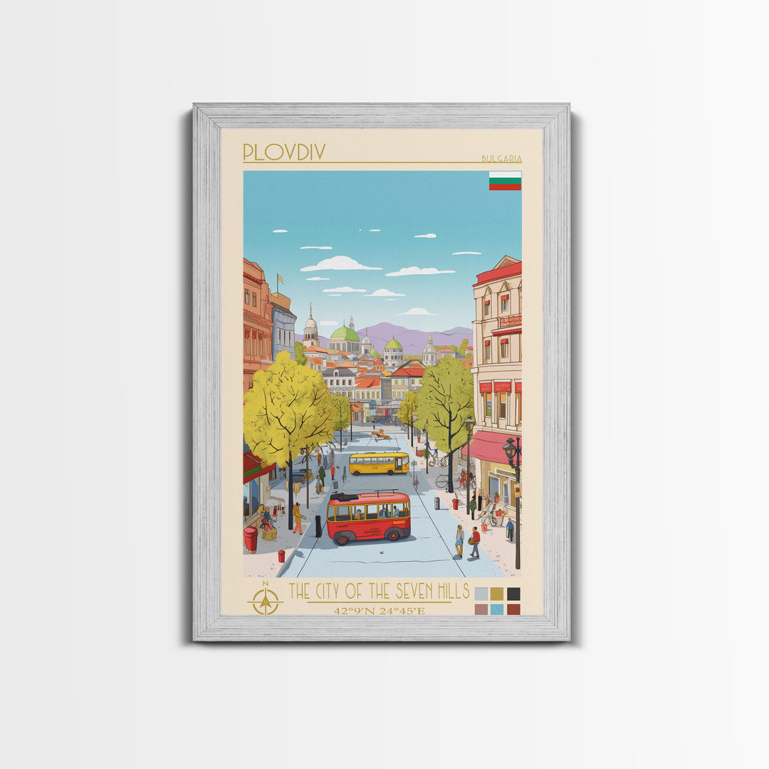 Plovdiv Bulgaria Travel Poster Framed Canvas Print, Midcentury Modern Art, Pop Art Wall Decor, Living Room Art, Home Decoration