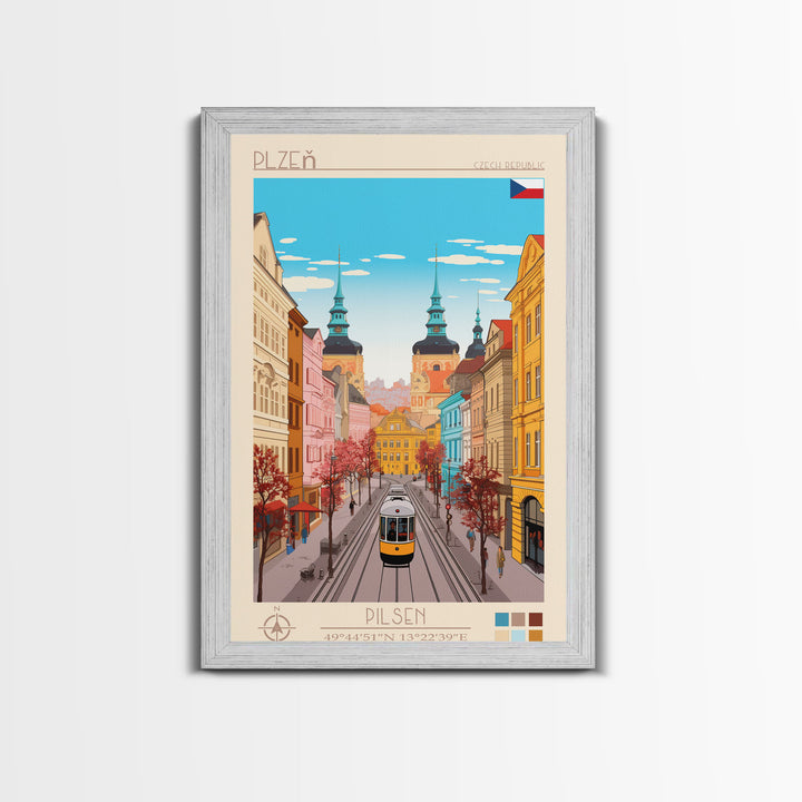 Plzeň Czech Republic Travel Poster Framed Canvas Print, Midcentury Modern Art, Pop Art Wall Decor, Scenic Living Room Art, Bedroom Decor