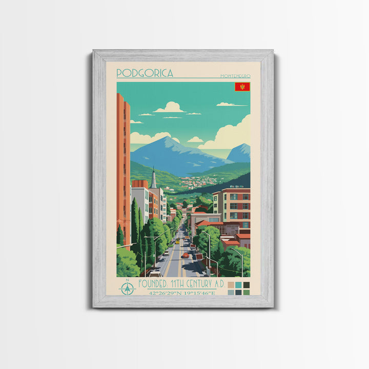 Podgorica Montenegro Travel Poster Framed Canvas Print, Vintage Style, Pop Art Home Decor, Scenic Wall Art, Bedroom Decoration, Office Gift
