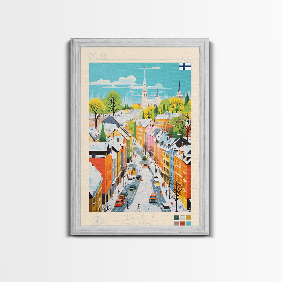 Pori Finland Travel Poster Framed Canvas Print, Midcentury Modern Art, Pop Art Wall Decor, Home Decor, Vacation Gift, Bedroom Art